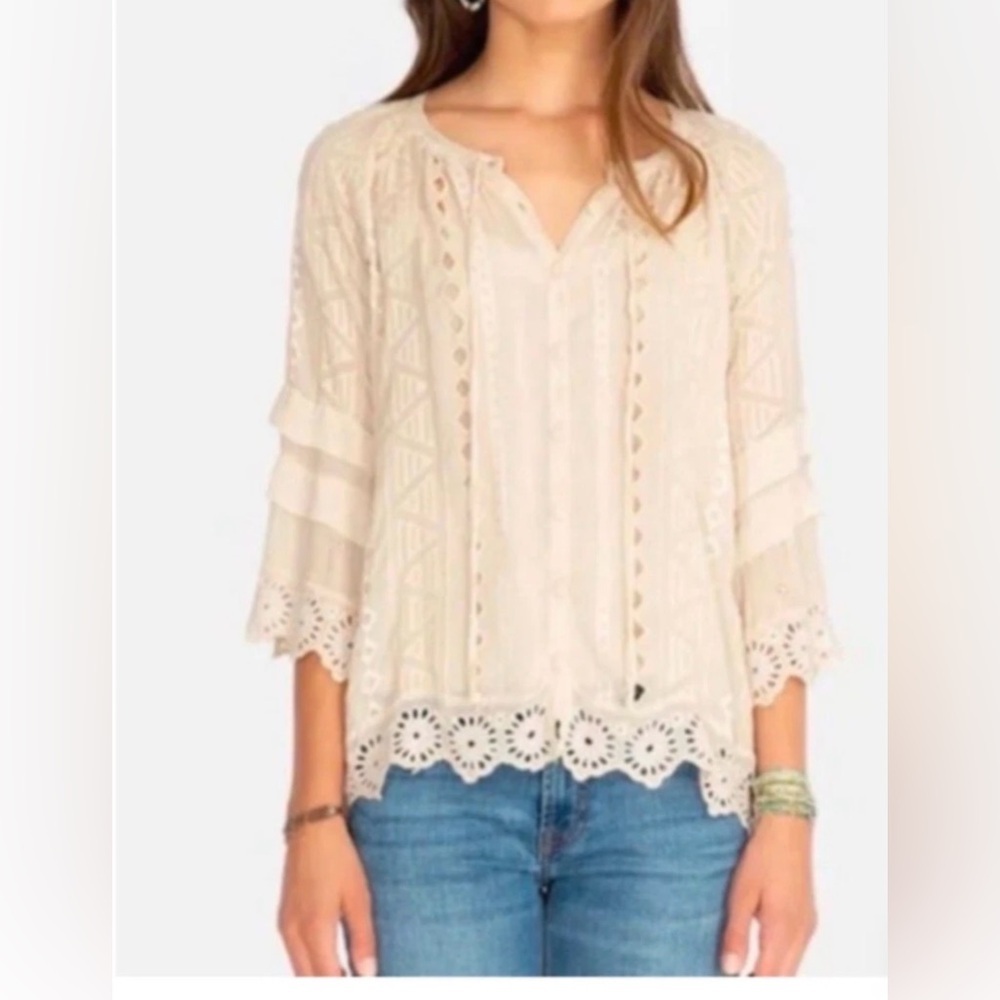 Johnny Was Cream Embroidered Button-Front Boho Blouse